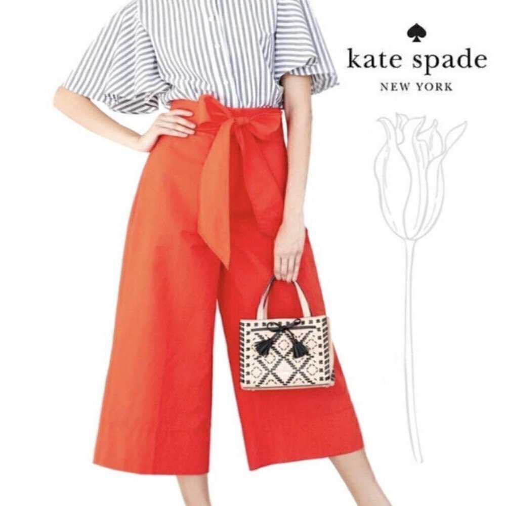 Kate Spade Women's Sz 2 Red Cherpeper Slub Cotton Culotte Pants W/ Tie Nwt